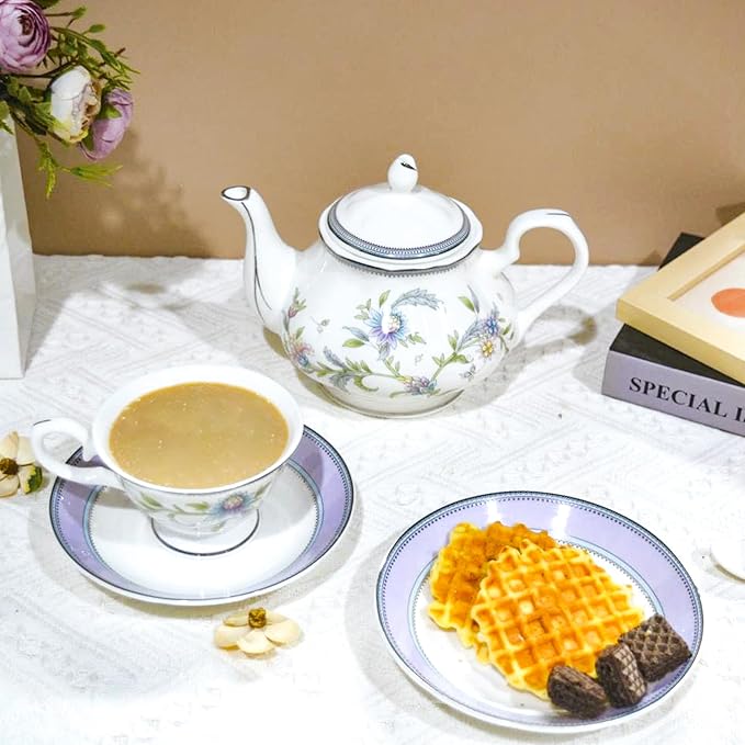Bone China Tea Set, 21-Pieces Porcelain Tea Set for Adults, Tea Cups And Saucers for 6, with Teapot, Spoons, Sugar Bowl, Creamer Pitcher, Vintage Tea Set for Women Tea Party (Purple) - Bloomnest