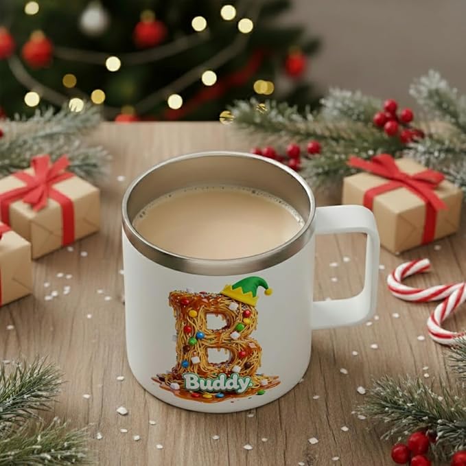 Personalized Buddy The Elf Spaghetti Mug, Custom Name Christmas Coffee Cup - 14oz Insulated Tumbler with Handle & Lid, Funny Christmas Movie Fan Gift for Men, Women, Friends (B61) - Bloomnest