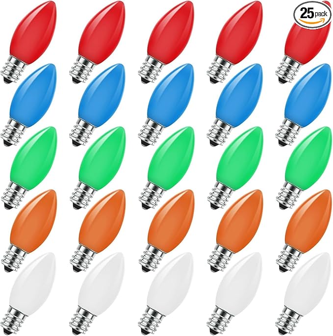 25 Pack C7 Multicolor Christmas Lights Replacement Bulbs, 5W Incandescent Bulb, Warm White 2200K, E12 Base, Waterproof C7 Night Light Bulbs for Christmas String Lights Outdoor Indoor Home Party Decor - Bloomnest