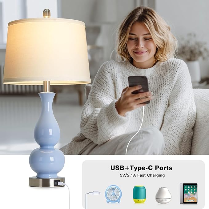 27" Blue Gourd Ceramic Lamps Set of 2, Coastal Ceramic Table Lamps for Living Room with USB A+C Ports, Classic Bedside Lamp for Nightstand, Tall Lamps for Bedroom Side End Table Home Decor - Bloomnest