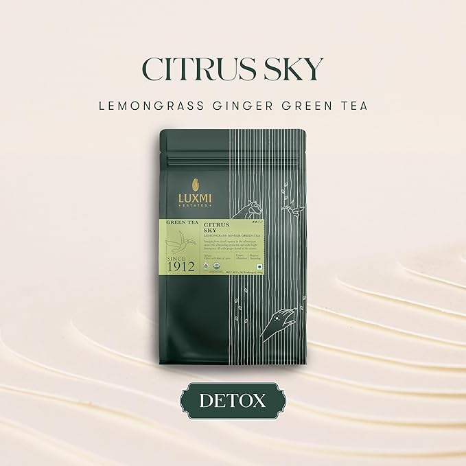 Luxmi Estates Citrus Sky Lemongrass Ginger Green Tea 50 Tea Bags (100g) Pack | Certified Organic Darjeeling Green Tea | Natural Lemon Balm Tea - Calming, Supports Digestion | 50 Cups Bulk Pack - Bloomnest