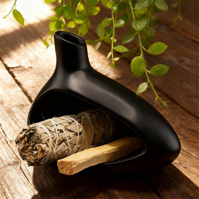Palo Santo Holder, Ceramic Incense Burner for Sticks Sage Holders Cone Burning Smudge Bowl with Ash Brush for Meditation Yoga Spa Room Decor (Black) - Bloomnest