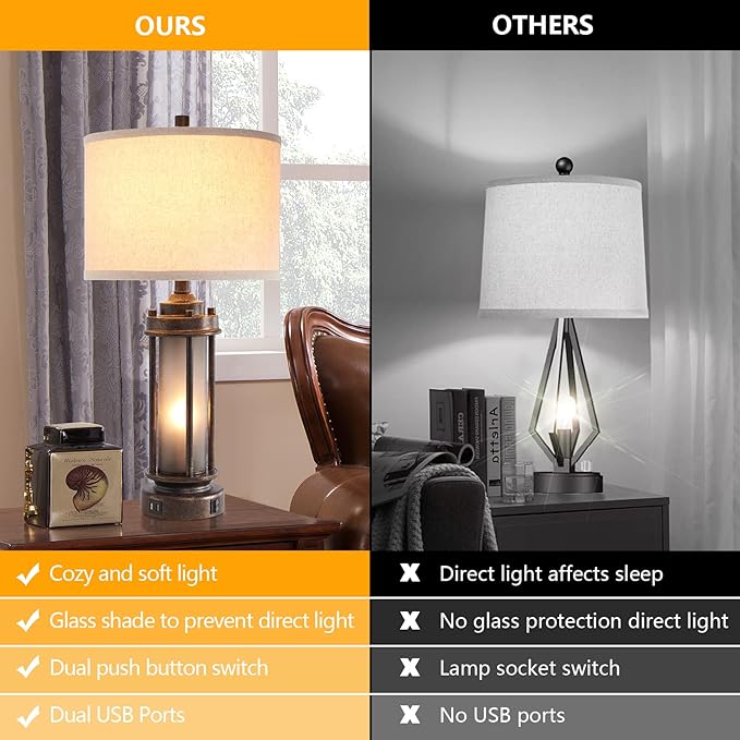 25'' Farmhouse Table Lamp with 2 USB Charging Ports, Rustic Vintage Nightstand Lamp with Frosted Glass Nightlight, Retro Desk Lamp for Living Room Bedroom End Table Entryway, 2 Bulbs Included - Bloomnest