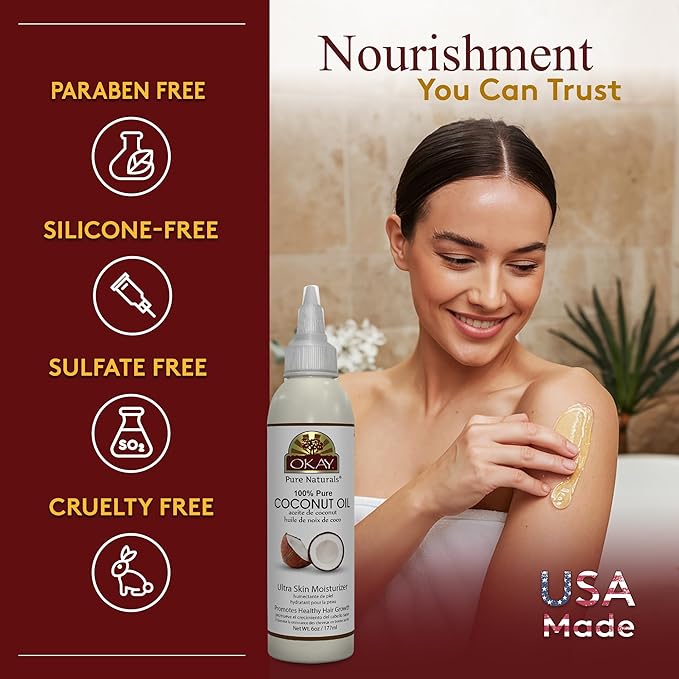 Okay 100% Pure Coconut Oil for Hair & Skin - Coconut Oil for Women & Men, Perfect for Body & Face, for Massage & Moisturizer, Natural - 6 Fl Oz Squeeze Bottle (Pack of 1) - Bloomnest