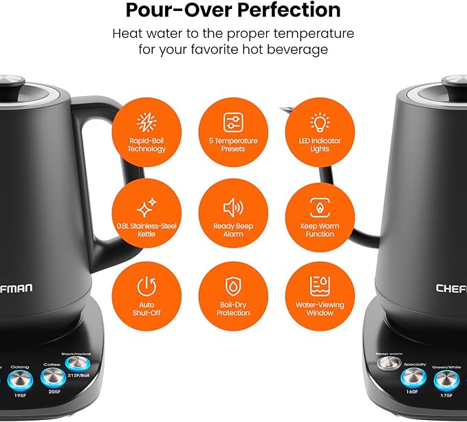 Chefman TrueTemp Precision Control Gooseneck Kettle, Internal Custom Temperature Control and 6 One-Touch Presets, Boil-Dry Protection Auto Shut-Off for Safety, For Pour Over Coffee and Tea, Black - Bloomnest