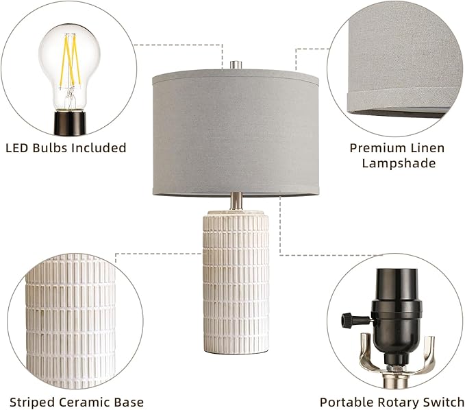 23" Set of 2 Ceramic Table Lamps, Farmhouse Bedside Lamp for Bedroom Living Room Nightstand Entryway, Side Table Lamps Modern Desk Lamp, 2 LED Bulbs Included (Gray) - Bloomnest