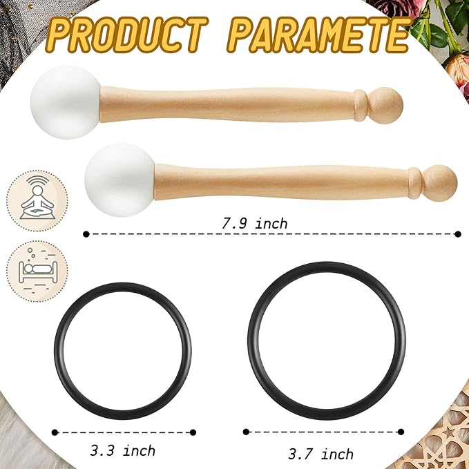 Nuanchu 4 Pcs Crystal Singing Bowl Mallet Bowl Striker and O Ring Set, Include 2 Rubber Head Wood Handle Mallet with 2 Rubber O Rings for Playing Crystal Singing Tool Buddhist Meditation Yoga - Bloomnest