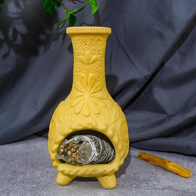 Yellow Floral Reliefs Palo Santo Burner Holder-Mexican Mini Chiminea Inspired,Chimney for Smudging Sage/Incense Cones/Sticks for Altar/Zen Rituals, Handmade Decor for Witchcraft Supplies - Bloomnest