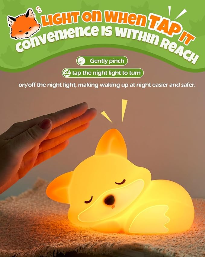 Cute Fox Night Light, Animal Lamp, Food Grade Silicone, Rechargeable, 2 Level Dimmable, Squishy Nursery Nightlight for Desk Decor, Funny Gifts Stuff for Boys Girls Baby, White Elephant Gifts - Bloomnest