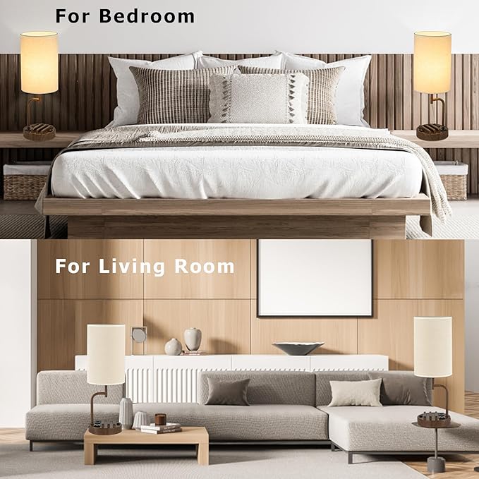 Dreamholder Table Lamp with 3 USB Charging Ports, Modern Desk Lamp with AC Outlet and Phone Stands, Perfect Bedside Lamp for Bedroom, Living Room, Office (Pack of 2), Walnut - Bloomnest