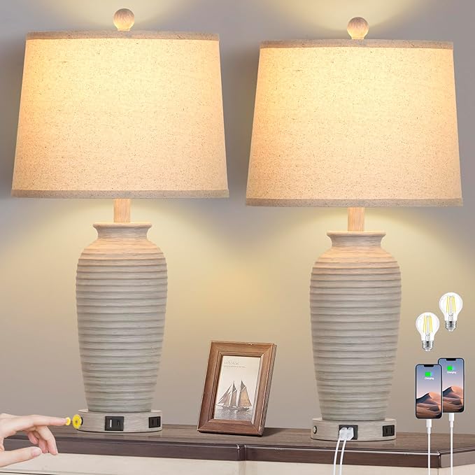 25" Farmhouse Jar Table Lamps Set of 2, 3 Way Touch Control Rustic Bedside Lamps with USB A+C Ports & AC Outlet, Pot Nightstand Lamps for Bedroom Living Room (LED Bulbs Included) - Bloomnest