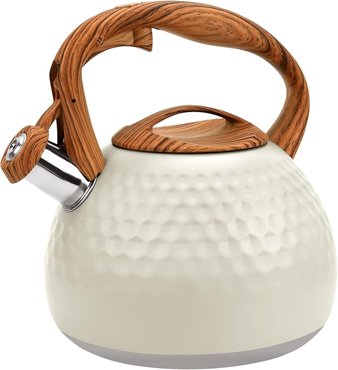 GGC Tea Kettle for Stove Top, Loud Whistling Kettle for Boiling Water Coffee or Milk, 3.1 Quart 3L Heavy Stainless Steel White Kettles with Wood Pattern Handle, Unique Button Control Kettle Outle - Bloomnest