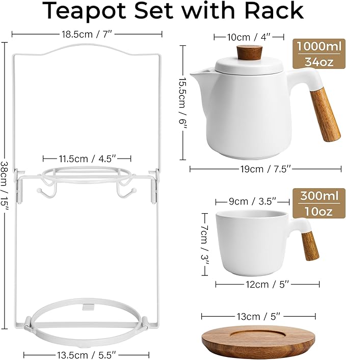 MIAMIO – 34 Oz Ceramic Tea Pot Set with Infuser and Cups/Tea Strainer, 4 Ceramic Tea Mugs (10 Oz), Bamboo Saucers/Handle for Home and Office (White) - Bloomnest