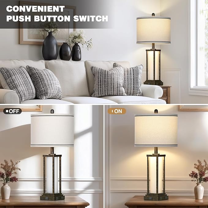 27in Tall Farmhouse Table Lamp Set of 2 with USB C+A & Outlet,Bronze Industrial End Table Lamp for Living Room,Vintage Rustic Bedside Lamps with Night Light for Bedroom Nightstand,Bronze - Bloomnest