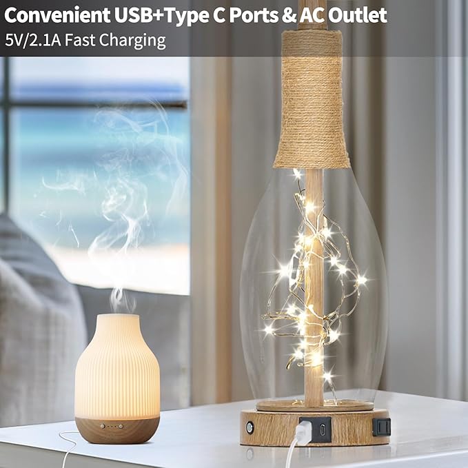 28" Boho Glass Table Lamps Set of 2, Touch Control Bedside Lamps with 2 USB Ports and Outlet, Rattan Lamp with Night Light for Nightstand Living Room Bedroom, 2 LED Bulbs Included, Wood - Bloomnest