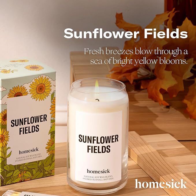 Homesick Scented Candles for Home (Sunflower Fields) - 13.75 oz Long-Lasting Natural Soy Wax Blend Jar Candle Gifts for Women & Men, 60-80 Hours Burn Time - Notes of Grass, Lemon & Lime - Bloomnest