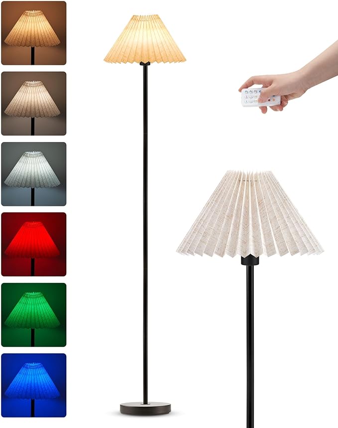 UMEXUS Cordless Floor Lamp for Bedroom, Rechargeable Battery Operated with Remote & Timer, Dimmable RGB, Pleated Standing Light Small Corner Pole Lamps for Living Room Bedside Outdoor Patio Home Decor - Bloomnest