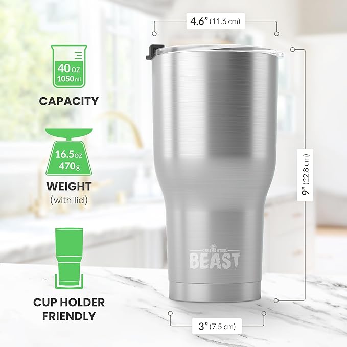 Beast 40 oz Tumbler Stainless Steel Vacuum Insulated Coffee Ice Cup Double Wall Travel Flask (Stainless Steel) - Bloomnest
