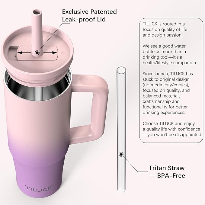 TILUCK 30 oz Tumbler with Handle, Vacuum Insulated Stainless Steel Travel Mug with 100% Leak-Proof Silicone Straw Lid, Cupholder Friendly Water Bottle(PinkPurpleGradient, 30oz) - Bloomnest