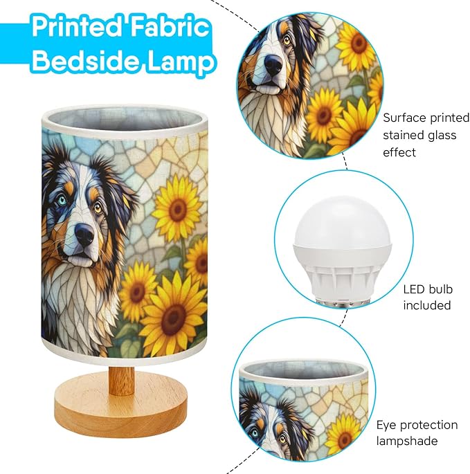 Australian Shepherd Table Lamp LED 3-Color Pressed Bedside, Dog Shade Lamp with Wood Base for Bedroom Living Room Desk Office - Bloomnest