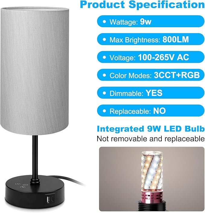Unicozin Small Table Lamp, 7 RGB & 3 CCT 3000K/4500K/6500K, Stepless Dimmable Bedside Lamp with Grey Shade, Touch Control Ambience Nightstand Light for Living Room Dorm Home Decor Party - Bloomnest