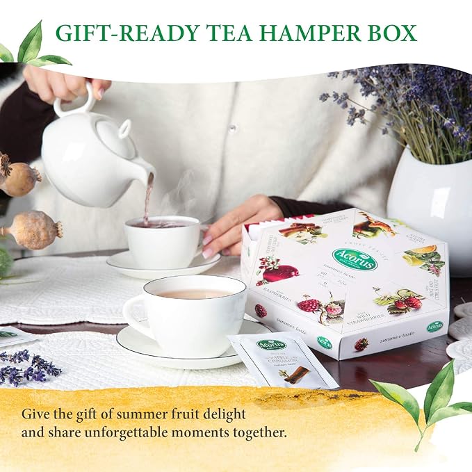 ACORUS Summer Taste Tea Set - Natural Assorted Tea Hamper Box Gift Set, Large Selection Box 60 Teas Bags, 6 Fruit and Berry Flavour Sampler, Perfect for Refreshing Iced Drinks - Bloomnest