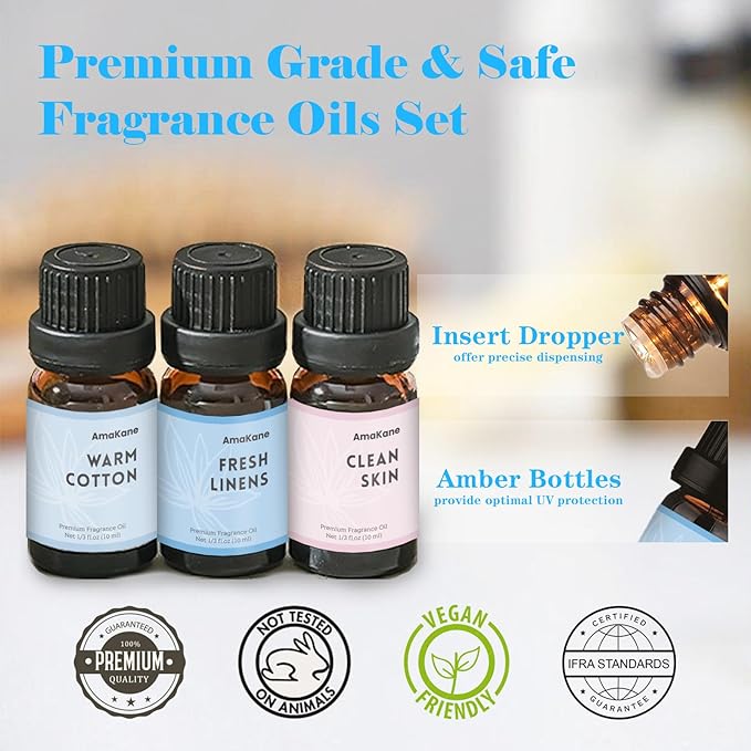 AmaKane Fragrance Oils Clean Set, 6 Premium Soap Making Scents, Fragrance Oil for Candle Making, Essential Oils for Laundry, Fresh Linen, Clean Skin, Warm Cotton and More Aromatherapy Diffuser Oils - Bloomnest