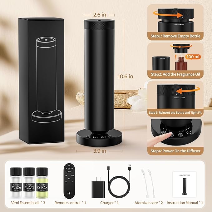 Waterless Diffuser with 90ML Essential Oils, Covers 1000 Sq Ft, Diffusers for Home Hotel, Adjustable Mist & Timer, Scent Diffuser Starter Kit with Night Light, Corded Electric,Black - Bloomnest