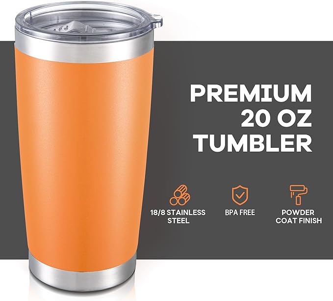 20 oz Tumbler with Lid Stainless Steel Insulated Tumblers Bulk Double Wall Vacuum Cups Powder Coated Travel Mug Keep Drink Cold and Hot, Orange, 8 Pack