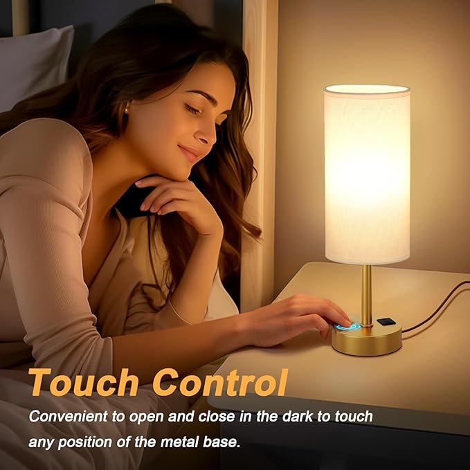 Elegant Gold Touch Table Lamp, Modern Wedding Gift for Couples, Bedside Lamps with USB-C USB-A Charging Ports, 3 Way Dimmable Small Lamp for Office, Living Room, Bathroom - Bloomnest