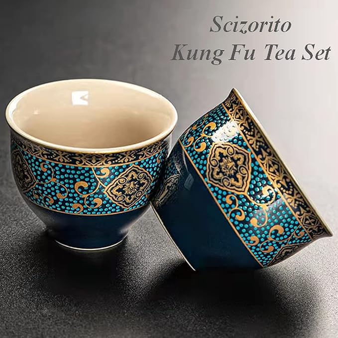 Ceramic Portable Travel Tea Set, Chinese Kungfu Tea Set with 360 Rotation Teapot and Infuser, 4 Tea Cups, Tea Tray And Travel Bag (Floral Blue)