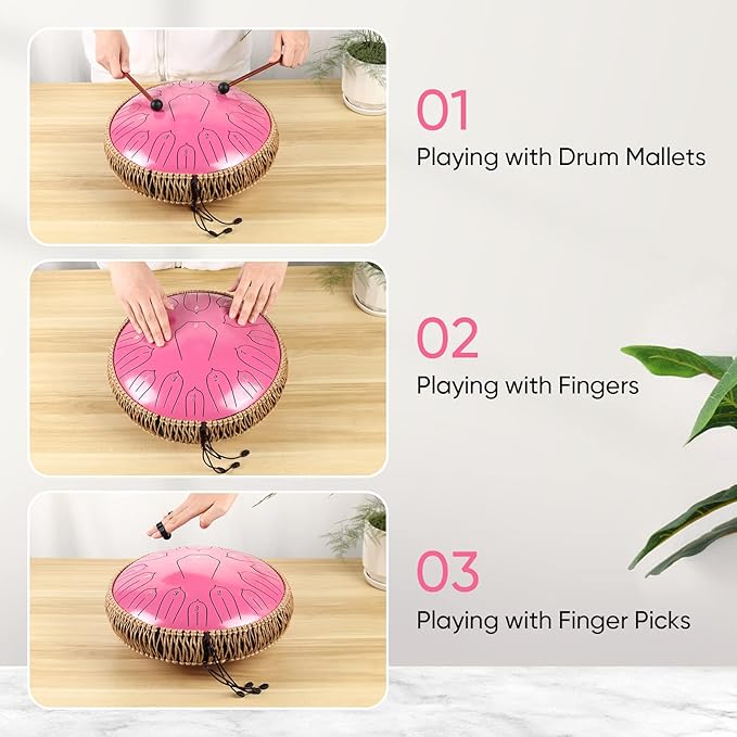 Steel Tongue Drum 12 Inch 15 Notes: Handpan Drums Set with Music Book Mallets Carry Bag - Hand Pan Instrument for Adults Musical Education Meditation Yoga Chakra(Pink)
