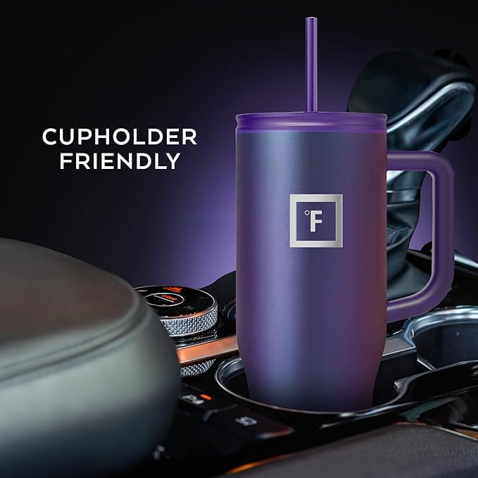 IRON °FLASK Co-Pilot Insulated Mug w/Straw & Flip Cap Lids - Cup Holder Bottle for Hot, Cold Drink - Leak-Proof- Water, Coffee Portable Travel Tumbler - Lavender, 40 Oz