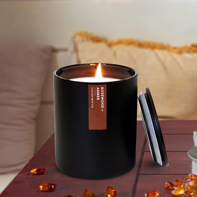 Calyan Wax Co. Rosewood & Amber Scented Candle - 75 Hour Burn - Luxury Non Toxic Soy Wax Candles - Long Lasting Black Tumbler Jar Candle for Home - 10.2oz - Bloomnest