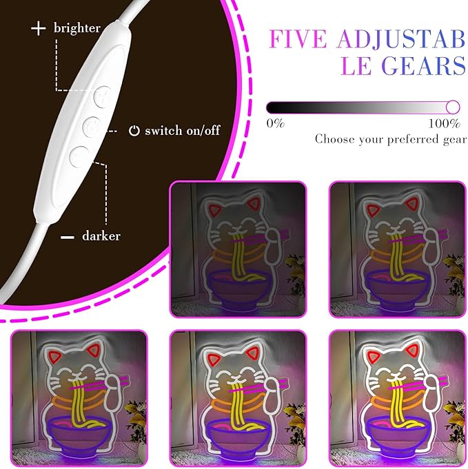Fortune Cat Ramen Neon Sign, Japanese Noodle Neon Light Sign, Dimmable Lucky Cat LED Neon Lights for Wall Decor Restaurant Kitchen Ramen Shop Bar Room Gifts - Bloomnest