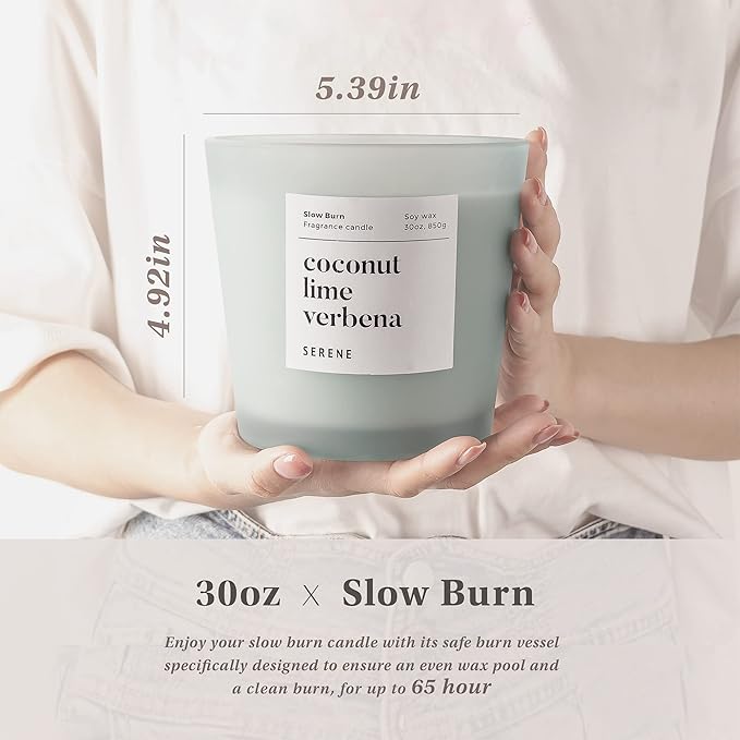 Hidden Label Large Scented Candle, Coconut Lime Verbena, 30oz 3 Wick Huge Candle, Serene Collection Slow Burn Natural Soy Candles for Home Scented - Bloomnest