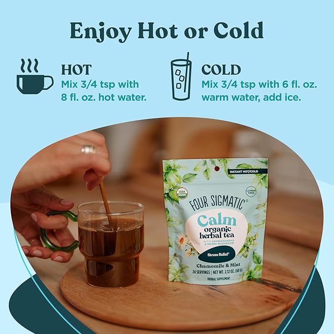Four Sigmatic Calm Organic Herbal Tea | Stress Relief Tea with Ashwagandha & Reishi | Instant Adaptogenic Drink for Relaxation | Vegan, Gluten-Free | Chamomile & Mint, 24 Servings - Bloomnest