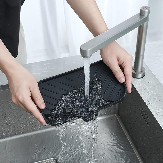 Silicone Bathroom Soap Dishes with Drain Spout-Bathroom and Kitchen Sink Organizer,Sponge Holder,Dish Soap Tray,Perfect for Dispenser,Scrubber,Bottle,Cup on Sink or Counter-Black 9.6"×5.3" - Bloomnest