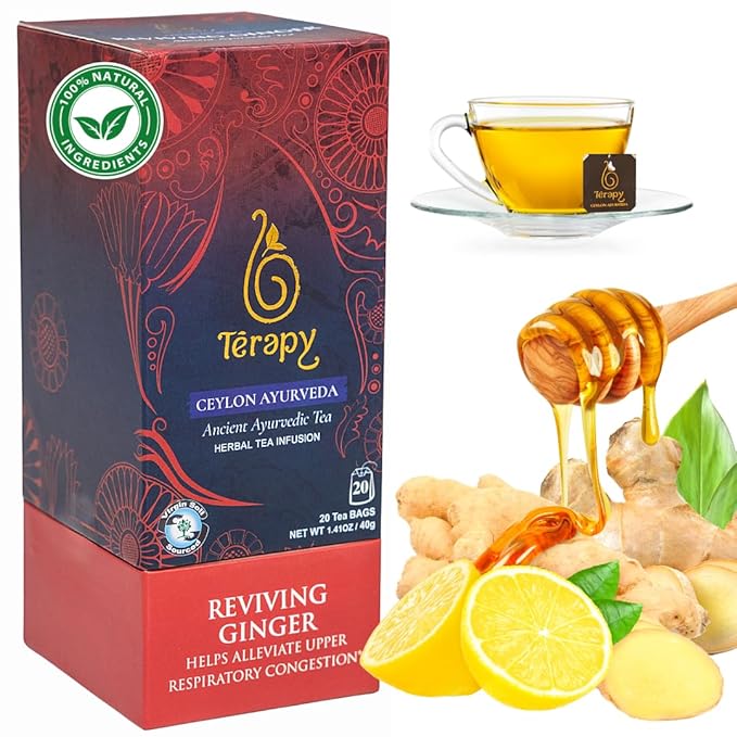 Térapy Ceylon GINGER & HONEY Tea | Organic Herbal Tea Bags | 100% Natural Ayurvedic Ingredients Including Organic Ginger, Wild Bee’s Honey, Ashwagandha & Lemongrass | 20 Individually Wrapped Tea Bags - Bloomnest