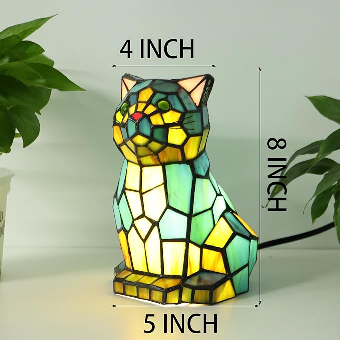 Tiffany Cat Lamp Blue and Green Stained Glass Animal Table Lamp Accent Lamp - Bloomnest