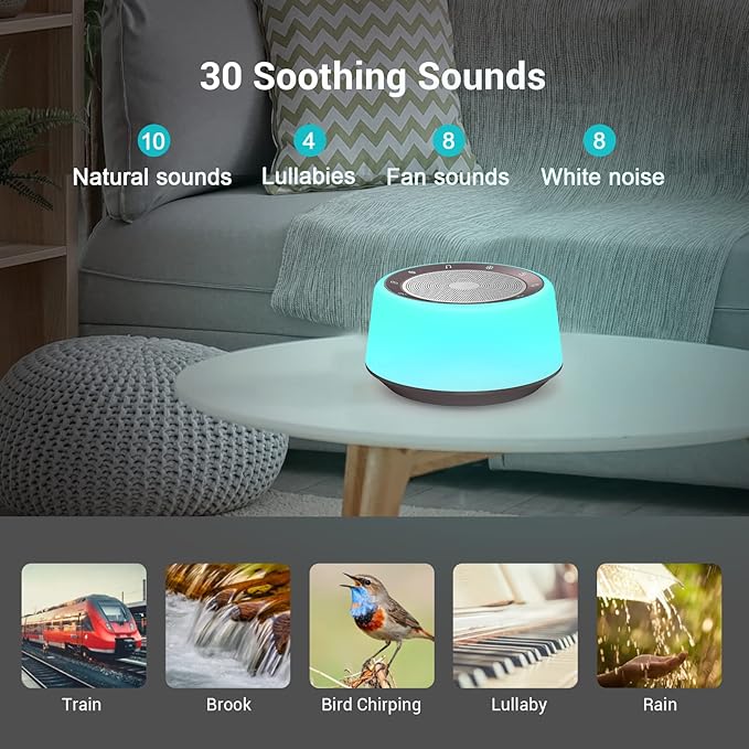 BGOVERSS White Sound Machine with 26 Soothing Sounds, 10 Colors Night Light Noise Machine for Adults Baby Kids, Sleep Machines with 6 Timers Portable Plug for Baby, Adults, Home Office Travel - Bloomnest