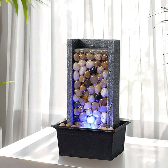 Kalona Tabletop Waterfall Fountain Pebble Indoor Water Feature with Coloured LED Lights for Home, Office & Desk Decor - Soothing Sound Small Relaxing Fountain(24367A) - Bloomnest