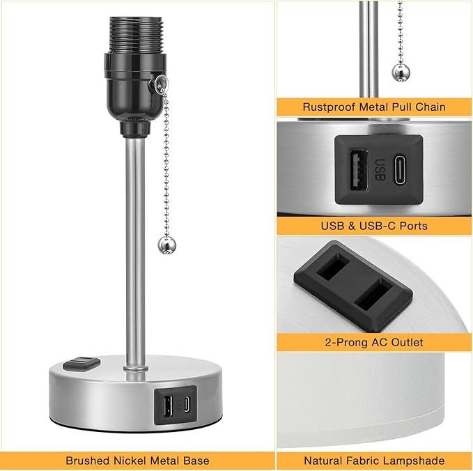 Grey Bedroom Lamp for Nightstand - 3 Color Temperature Table Lamp with USB C and A Ports, Pull Chain Bedside Lamp with AC Outlet, Desk Lamp with Silver Metal Base for Kids Girls - Bloomnest