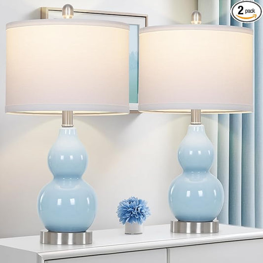 22" Double Gourd Ceramic Table Lamps Set of 2, Blue Modern Bedside Lamps for Living Room, Contemporary Nightstand Desk Lamps for Bedroom End Table Home Office Study Room Decor(2 LED Bulbs Included) - Bloomnest