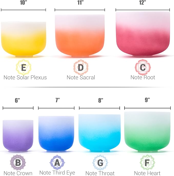 432HZ 7PCS Set Of 6-12 Inch Aria Gradient Design Frosted Quartz Crystal Singing Bowls With 2 PCS Travel Carry Case Bag