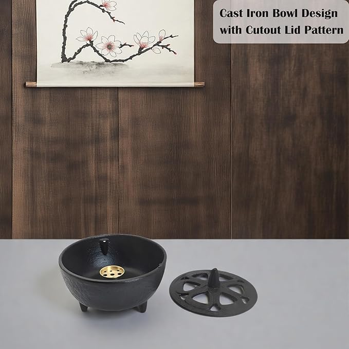 Small Cast Iron Incense Burner Holder, Home Decor, Bowl Design with Decorative Lid, Black Incense for Sticks, Resin, Cone Incense or Wax Melts - Bloomnest