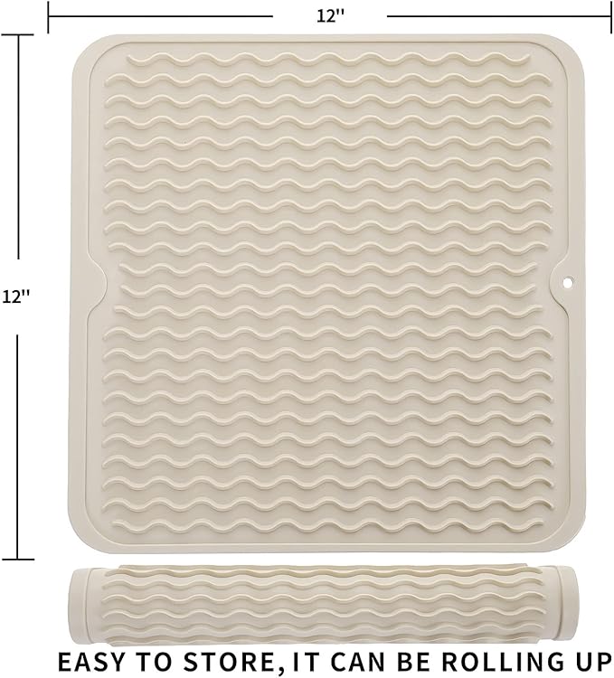 Silicone Dish Drying Mat for Multiple Usage,Easy clean,Eco-friendly,Heat-resistant Silicone Mat for Kitchen Counter or Sink,Refrigerator or Drawer liner Tapioca M 12 inches x 12 inches - Bloomnest