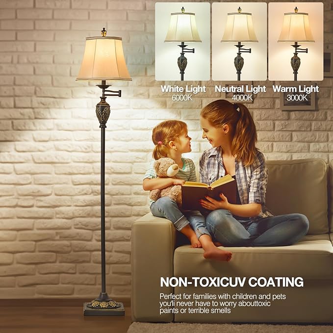 Traditional LED Floor Lamp with 350° Adjustable Swing Arm Lamp – Vintage Standing Pole lamp for Living Room, Bedroom and Office – Rustic Upright Floor Light for Home Décor with Silk Fabric Shade - Bloomnest