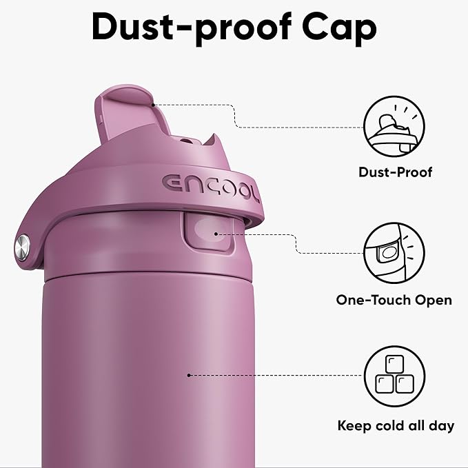 ENCOOL Leakproof Insulated Water Bottle with Straw Dual-Sip Water Bottle Bag-Safe Design for Work, Commute & Gym – Keeps Drinks Cold All Day, 24 oz, Mountbatten Pink ENCOOL