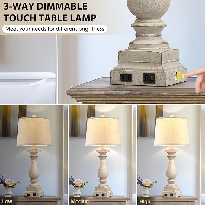 28" Tall Farmhouse Table Lamps with USB C+A Ports and AC Outlet, 3 Way Touch Control Rustic Bedside Lamps for Bedroom, Beige Vintage Nightstand Lamps for Living Room Office - Bloomnest